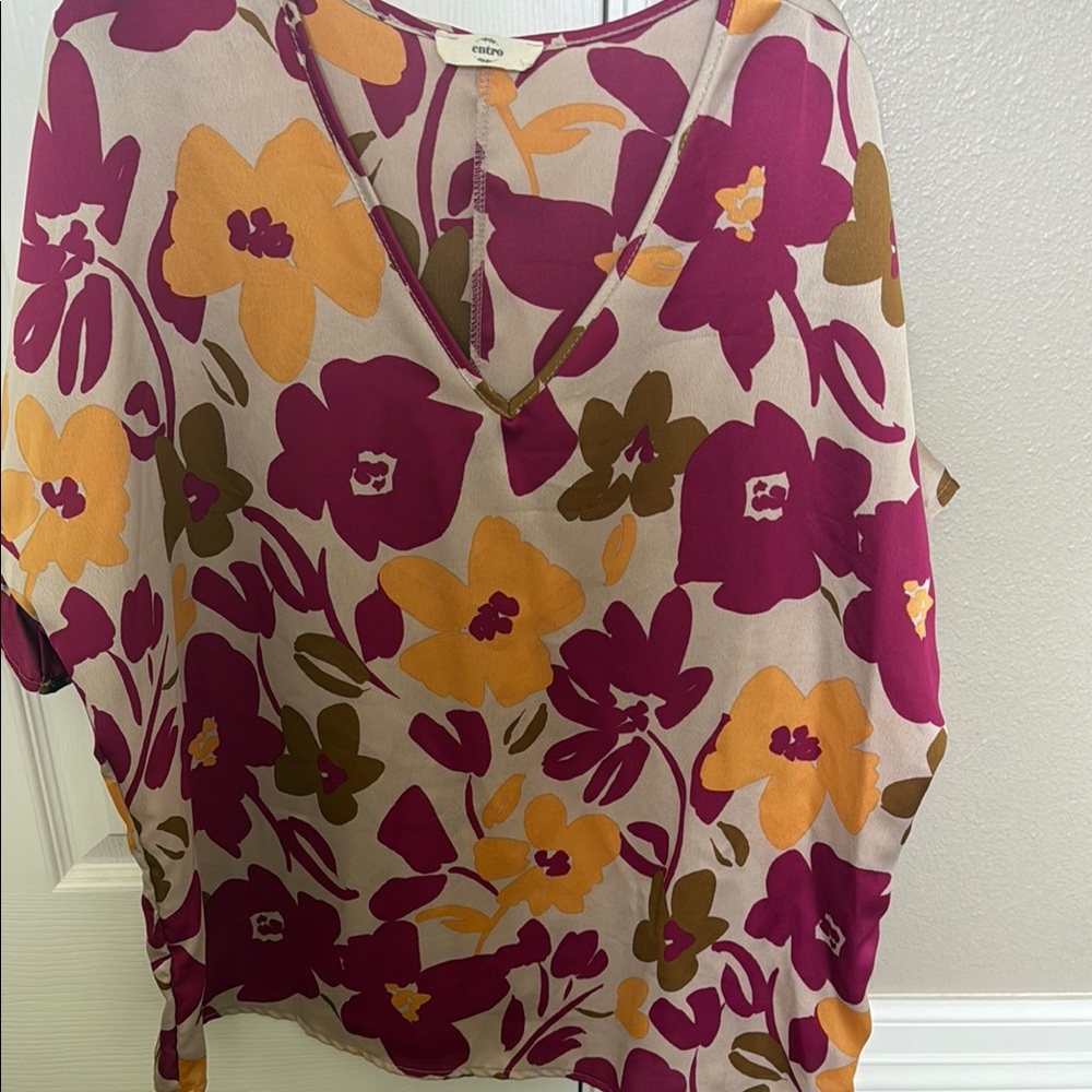 Entro Pink and Red Boxy Short Sleeve Blouse